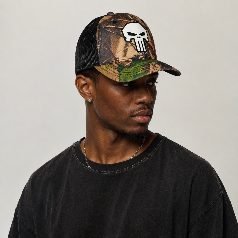 Marvel Punisher Camo Trucker Hat Mens Black Mesh Snapback Skull Baseball Cap